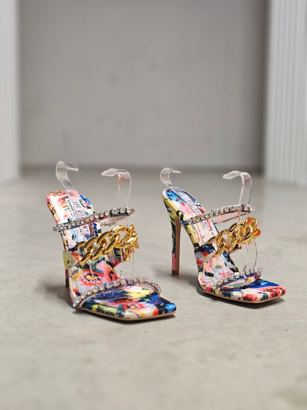 Floral Open-Toe High Heels With Rhinestone & Gold Chain Straps Multicolor Womens - Picture 14 of 14